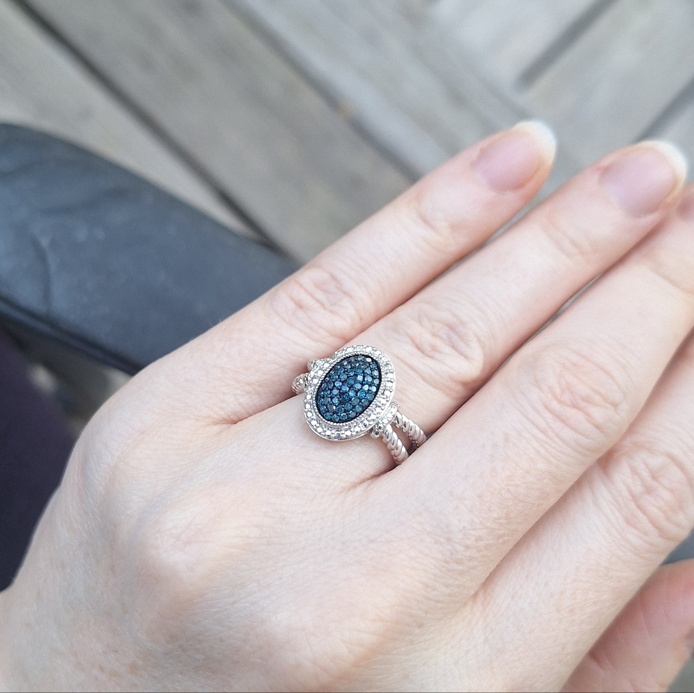 QVC Affinity Diamonds -Blue Diamond Halo Ring Sz 6 Split Rope Comfort Band 925